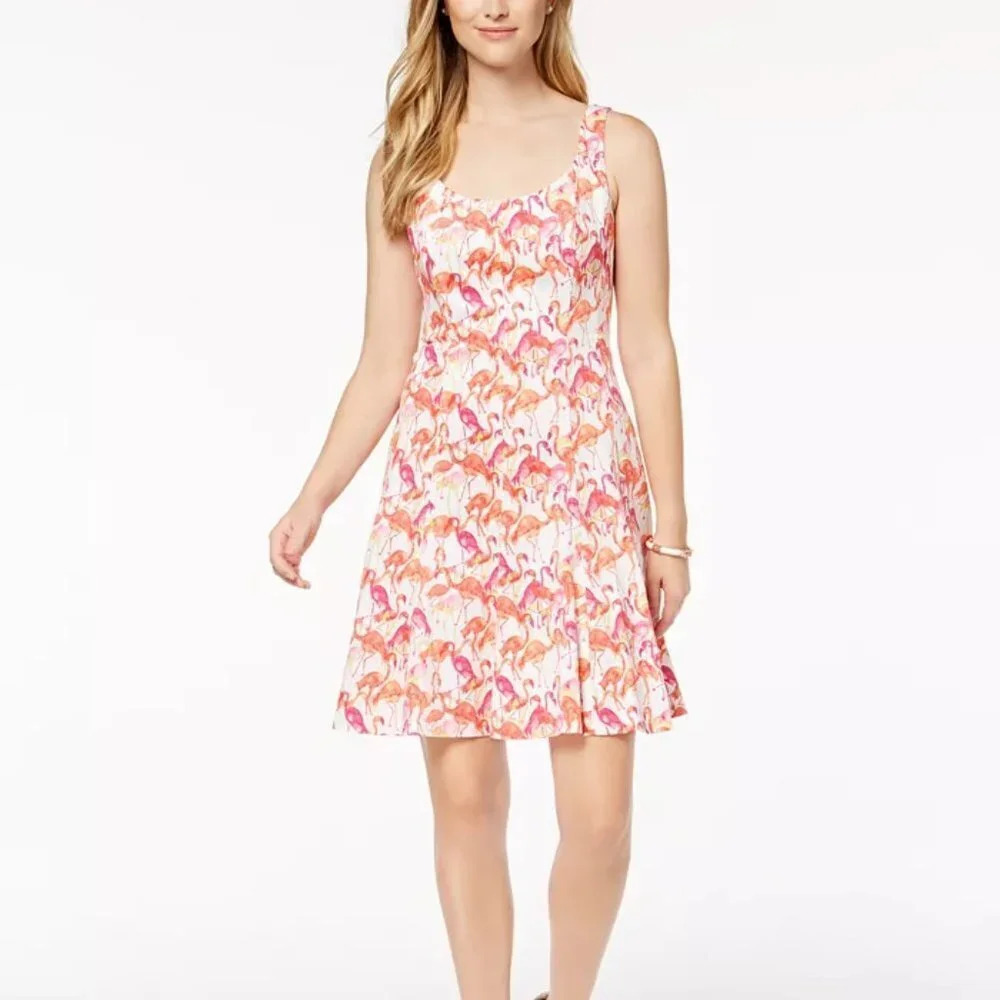 Pappagallo Flamingo Print Fit & Flare Dress Cotton Mini Sz 6